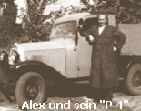 Historisches Sepia-Foto von "Alex" mit seinem LKW "P 4"; frühe Transportmittel bei Melzig.